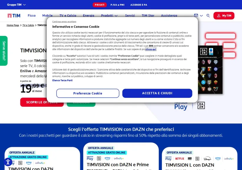 Schermata della pagina offerta di TIM