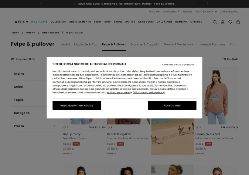 Schermata della pagina offerta di Roxy