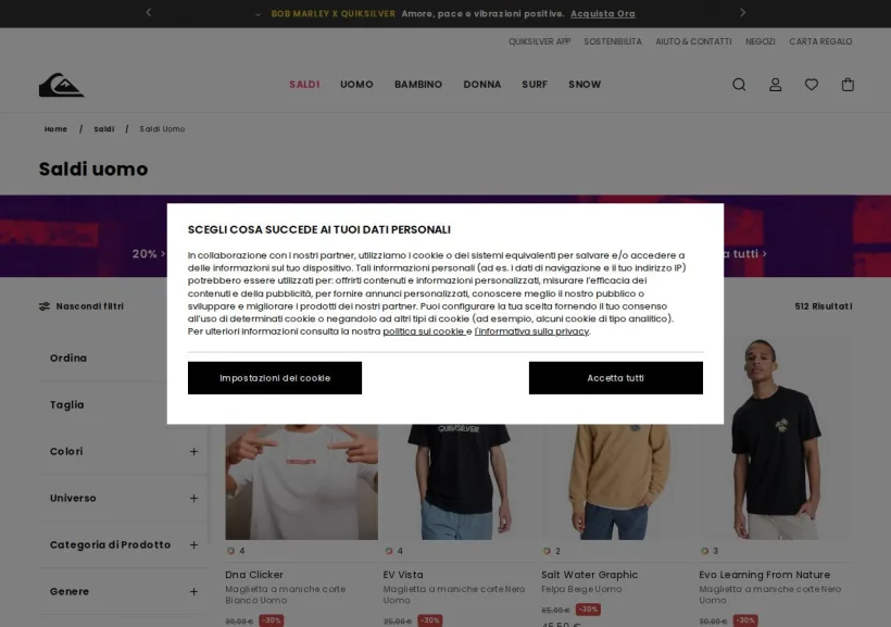 Schermata della pagina offerta di Quiksilver 