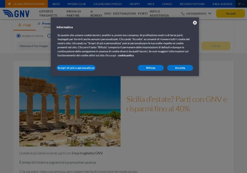 Schermata della pagina offerta di Grandi Navi Veloci