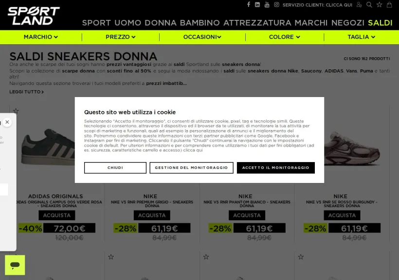 Schermata della pagina offerta di Sportland