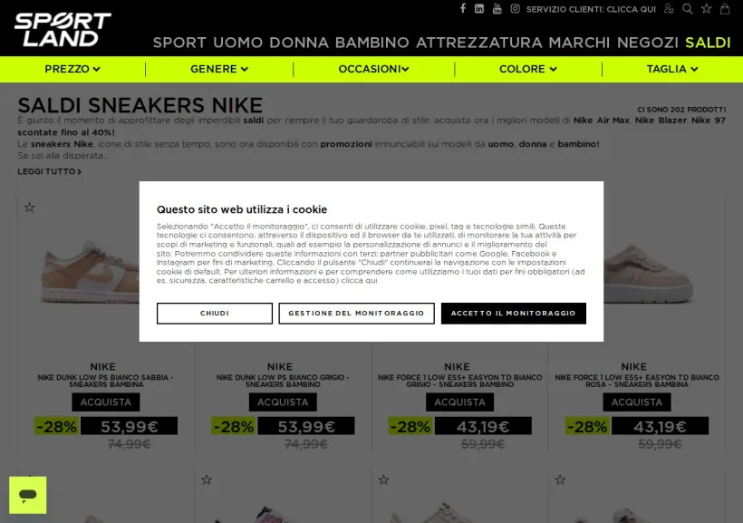 Schermata della pagina offerta di Sportland