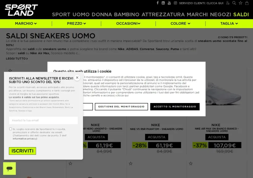 Schermata della pagina offerta di Sportland