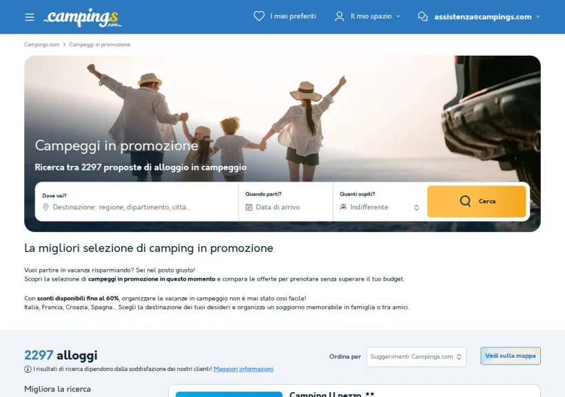 Schermata della pagina offerta di Campings.com