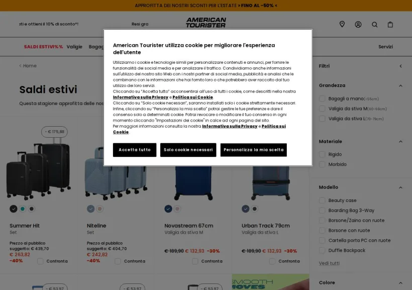 Schermata della pagina offerta di American Tourister