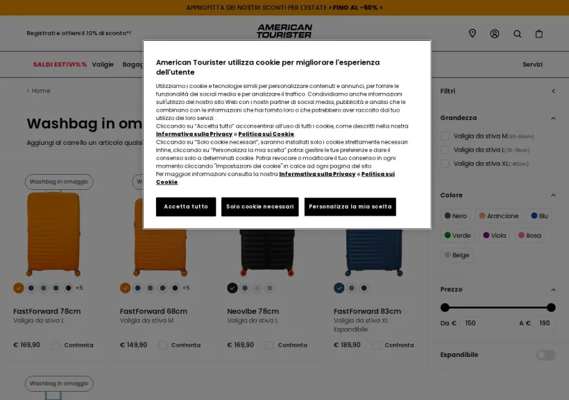 Schermata della pagina offerta di American Tourister