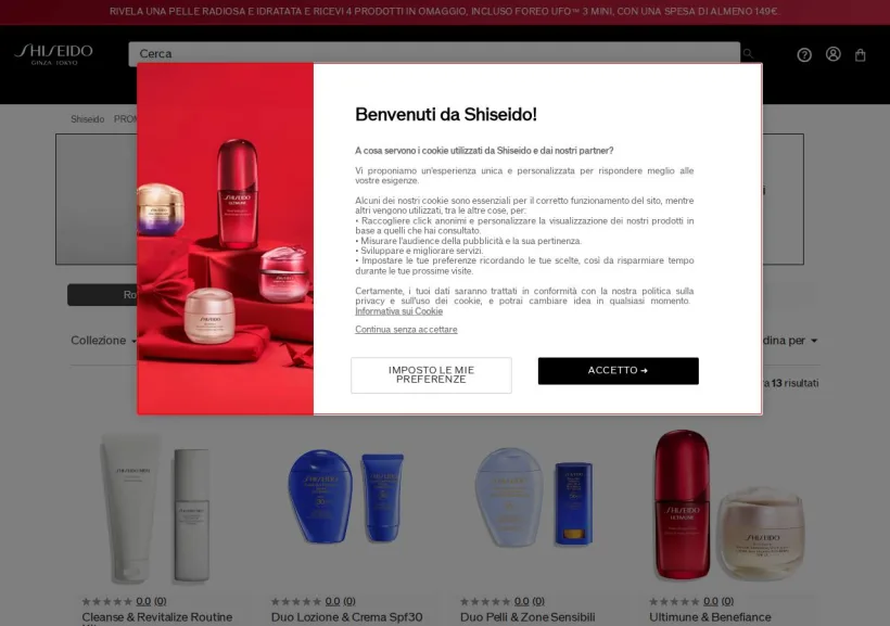 Schermata della pagina offerta di Shiseido