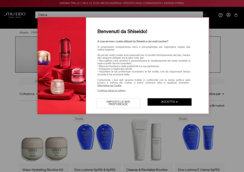 Schermata della pagina offerta di Shiseido