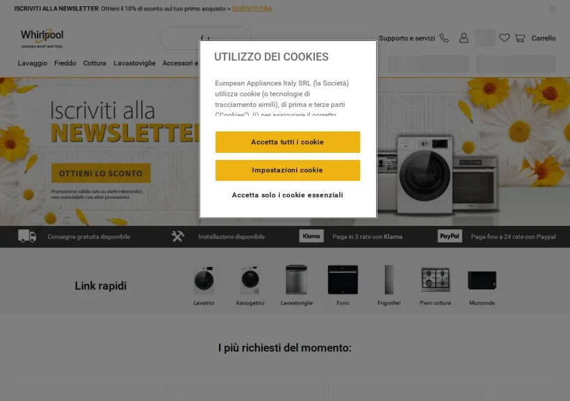 Schermata della pagina offerta di Whirlpool