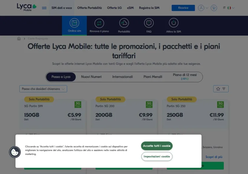 Schermata della pagina offerta di Lycamobile