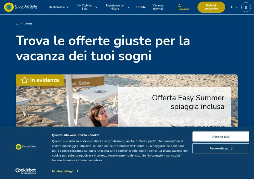 Schermata della pagina offerta di Club del Sole