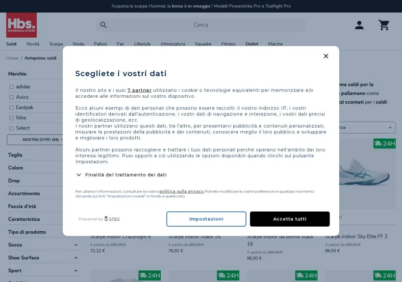 Schermata della pagina offerta di Handball-Store