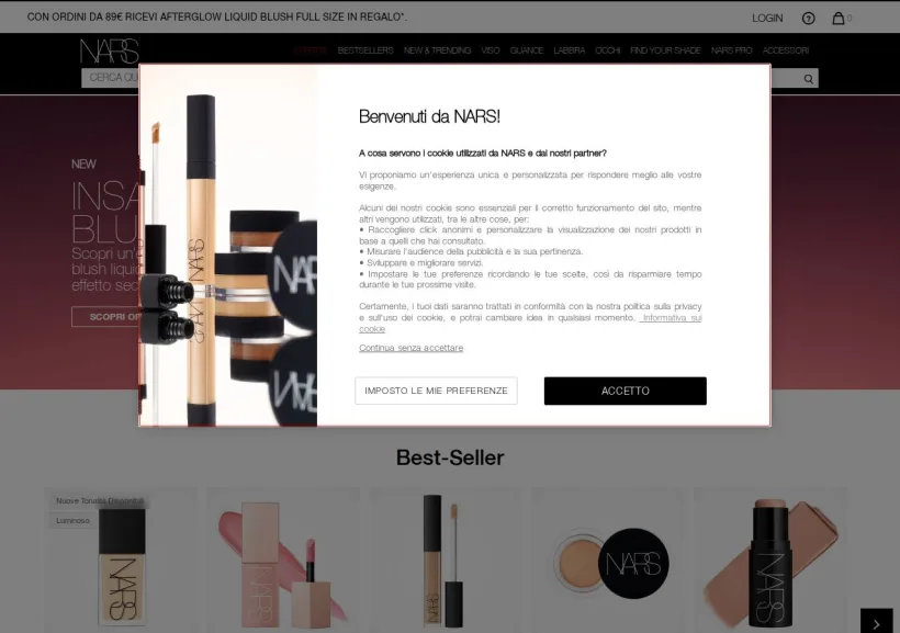 Schermata della pagina offerta di NARS