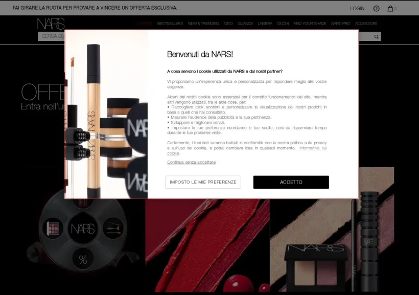 Schermata della pagina offerta di NARS