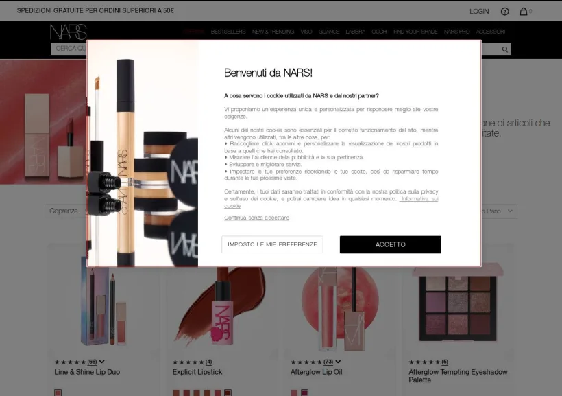 Schermata della pagina offerta di NARS