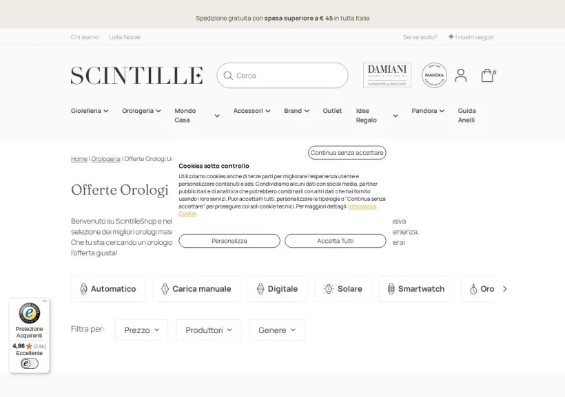 Schermata della pagina offerta di SCINTILLE