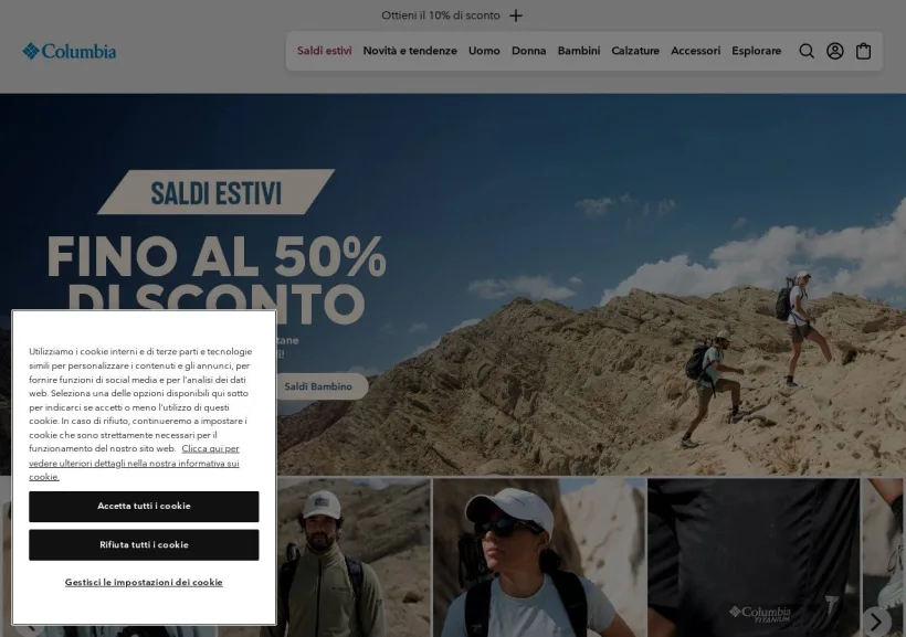 Schermata della pagina offerta di Columbia