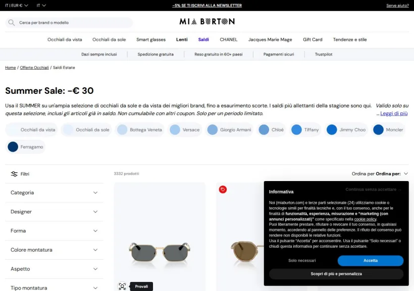 Schermata della pagina offerta di Mia Burton