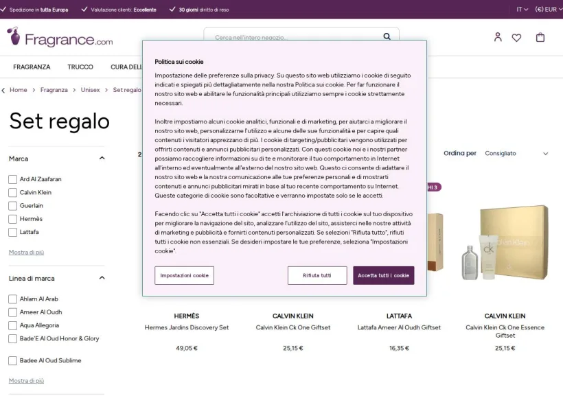 Schermata della pagina offerta di Fragrance.com