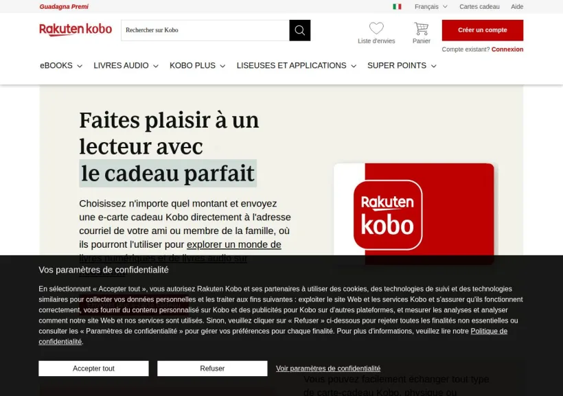 Schermata della pagina offerta di Rakuten Kobo Europe