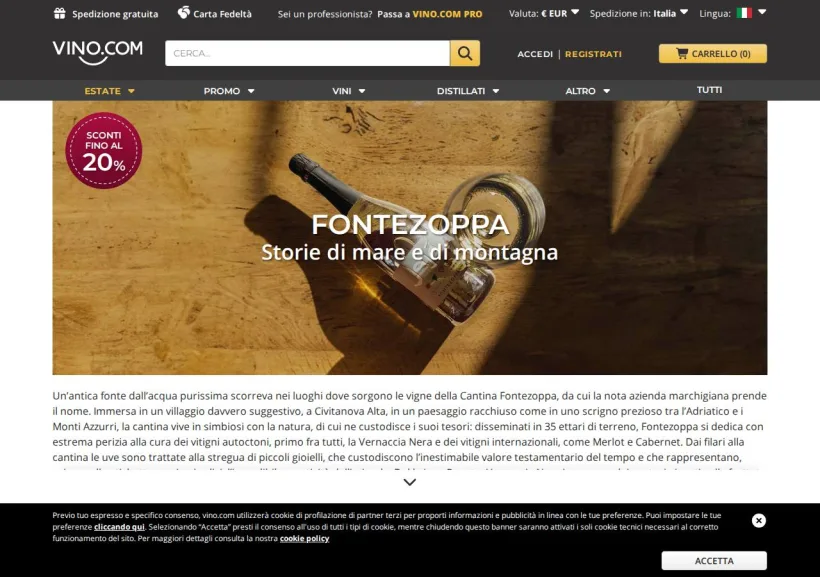 Schermata della pagina offerta di Vino.com