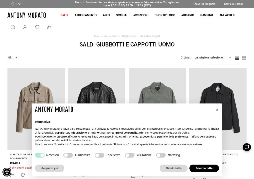 Schermata della pagina offerta di Antony Morato
