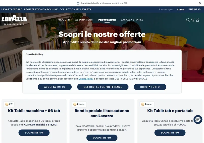 Schermata della pagina offerta di Lavazza