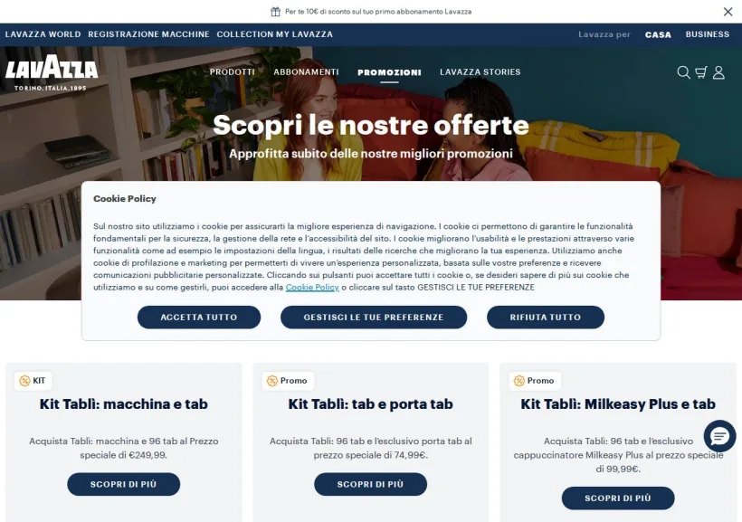 Schermata della pagina offerta di Lavazza