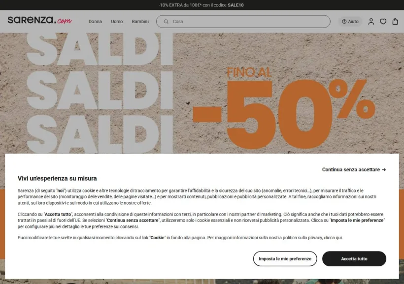 Schermata della pagina offerta di Sarenza