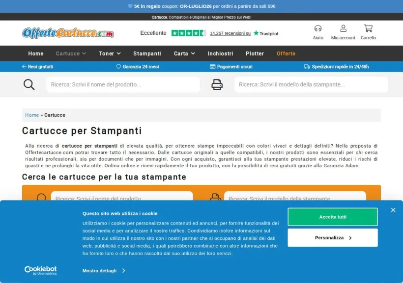 Schermata della pagina offerta di OfferteCartucce