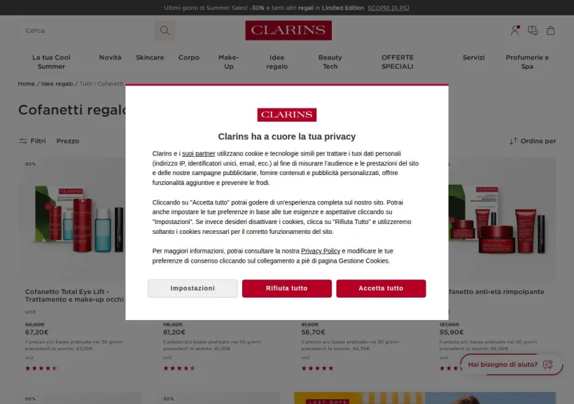 Schermata della pagina offerta di Clarins