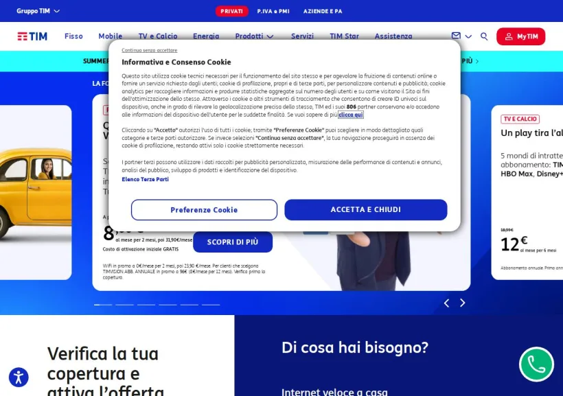 Schermata della pagina offerta di TelecomItalia