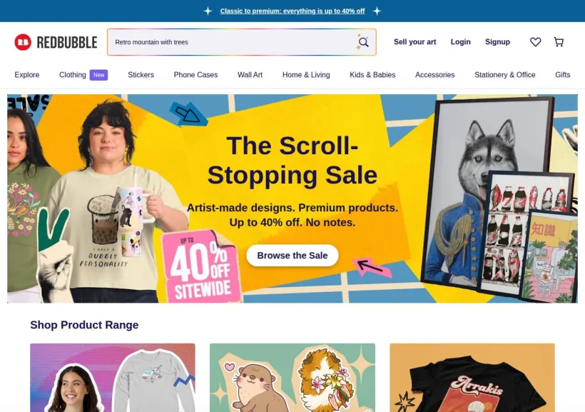 Schermata della pagina offerta di Redbubble