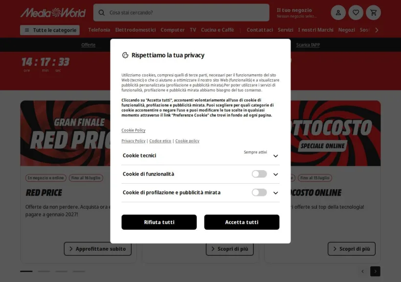Schermata della pagina offerta di Mediaworld