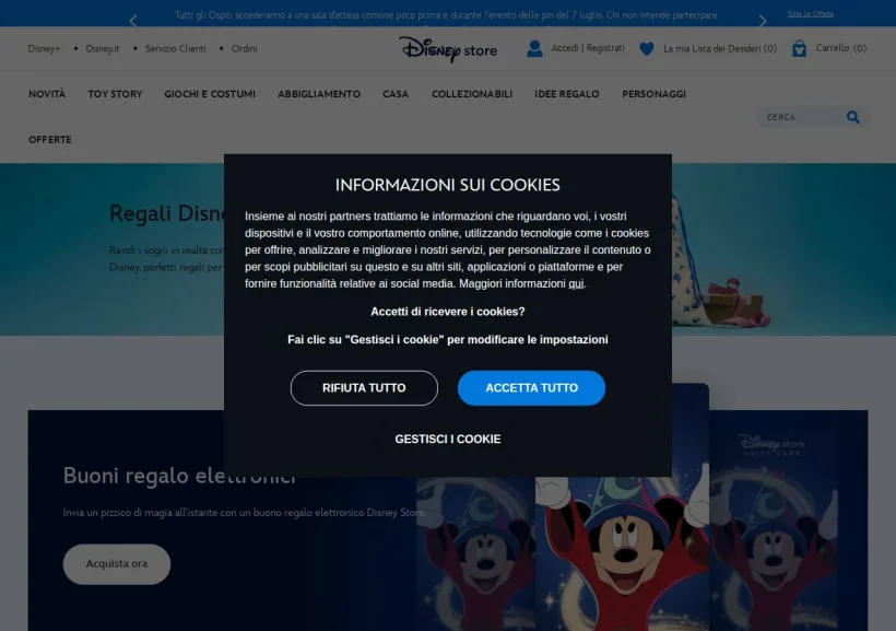 Schermata della pagina offerta di Shop Disney