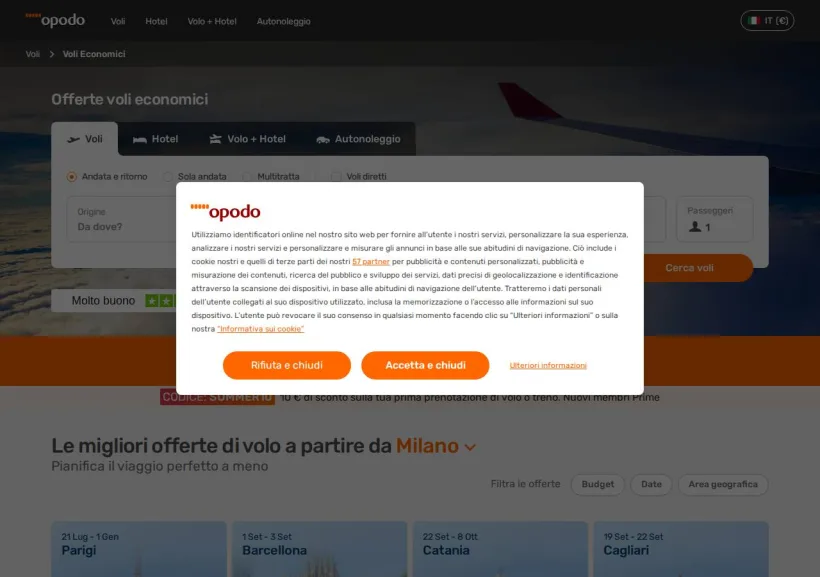 Schermata della pagina offerta di Opodo