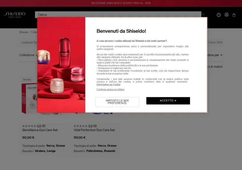 Schermata della pagina offerta di Shiseido