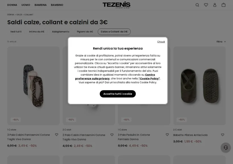 Schermata della pagina offerta di Tezenis