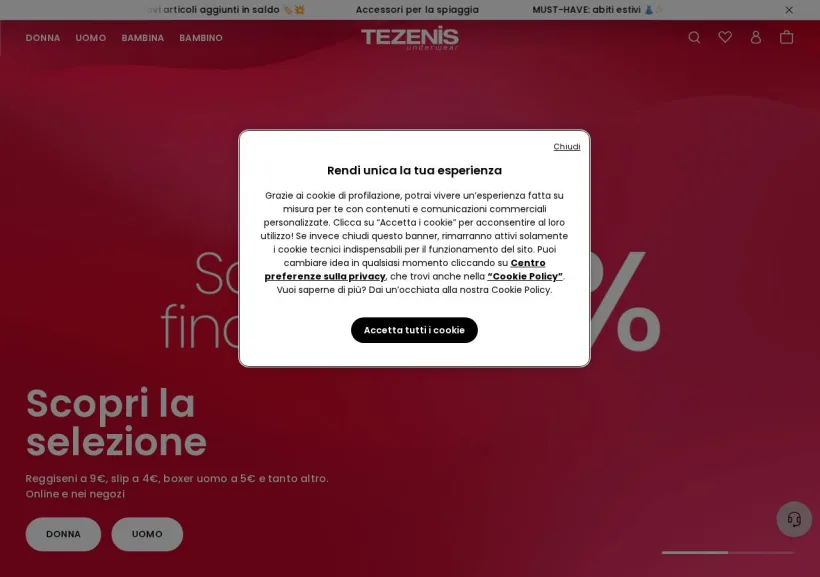 Schermata della pagina offerta di Tezenis