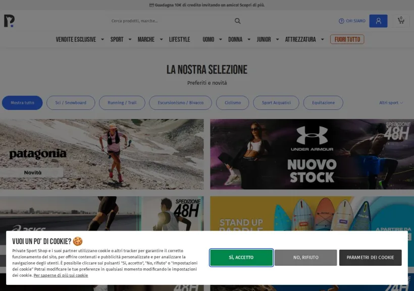 Schermata della pagina offerta di Private Sport Shop