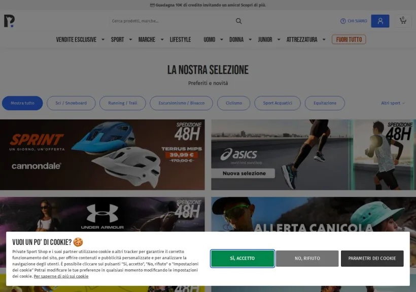 Schermata della pagina offerta di Private Sport Shop
