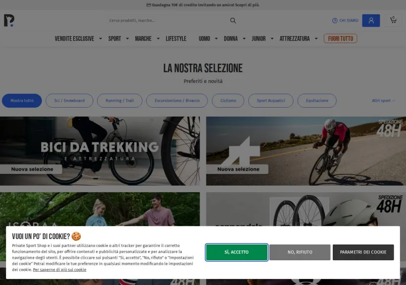 Schermata della pagina offerta di Private Sport Shop
