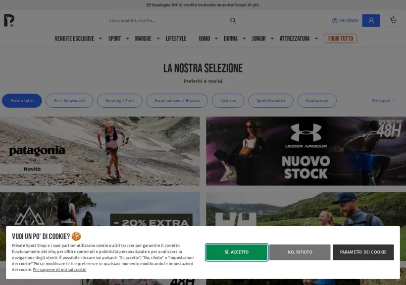 Schermata della pagina offerta di Private Sport Shop
