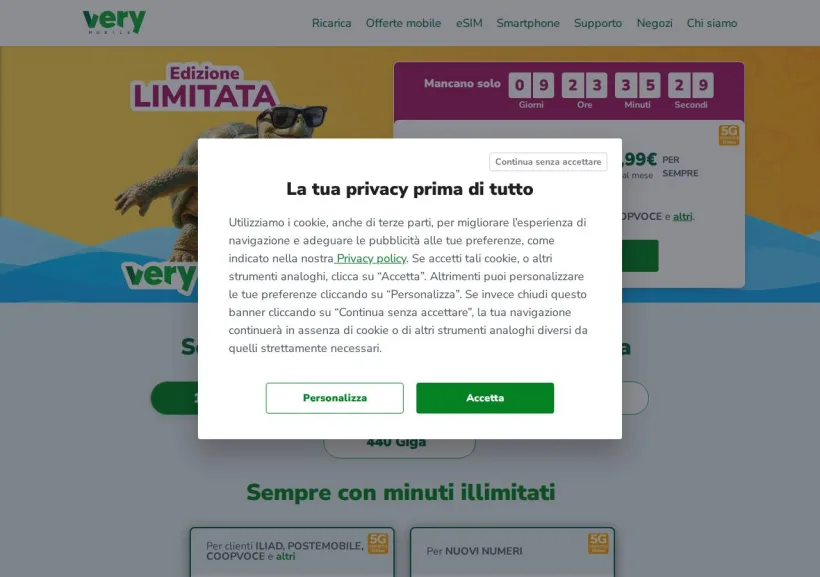 Schermata della pagina offerta di Very mobile