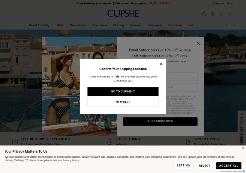 Schermata della pagina offerta di Cupshe