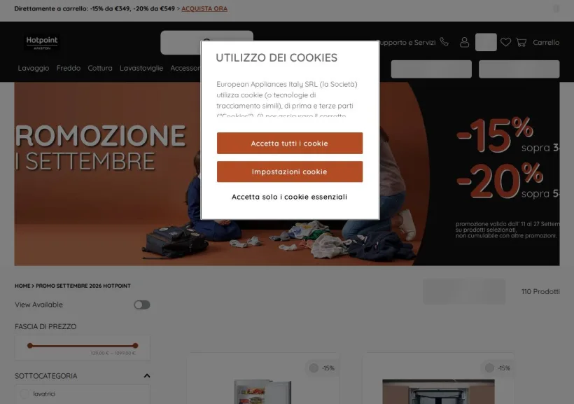 Schermata della pagina offerta di Hotpoint