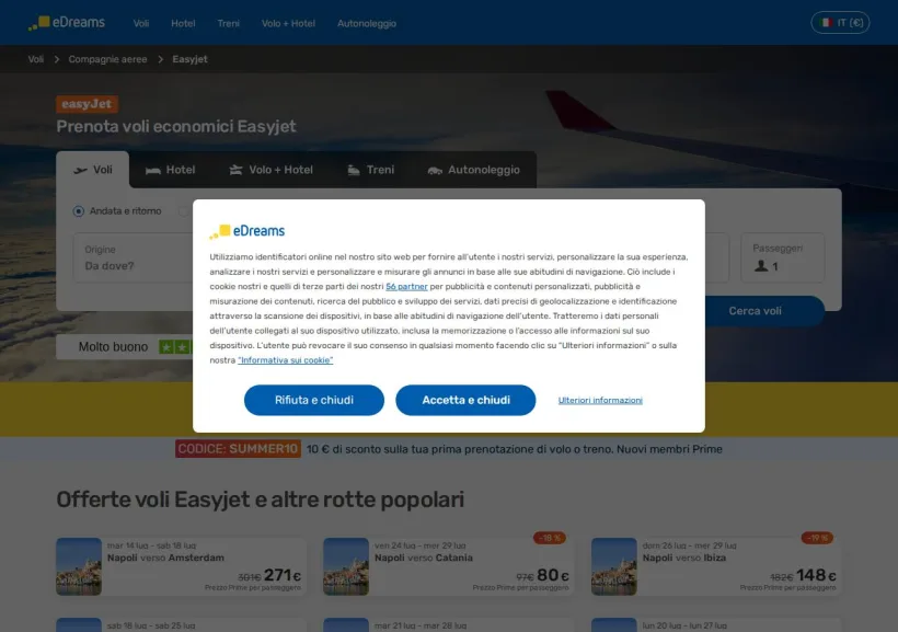 Schermata della pagina offerta di eDreams