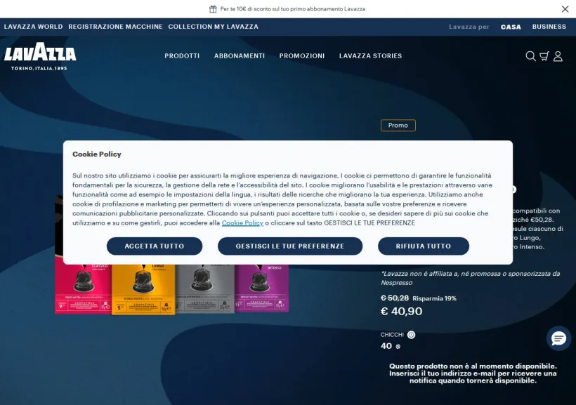 Schermata della pagina offerta di Lavazza