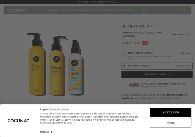 Schermata della pagina offerta di Cocunat