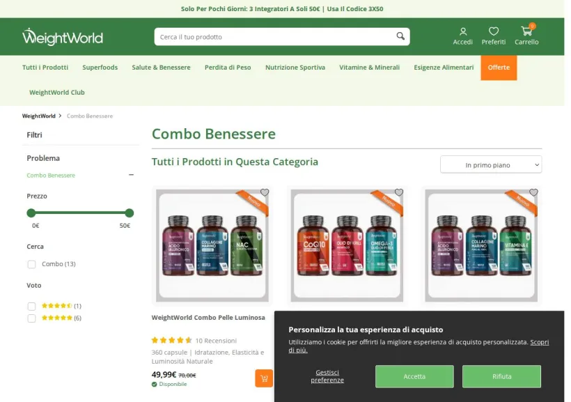 Schermata della pagina offerta di WeightWorld